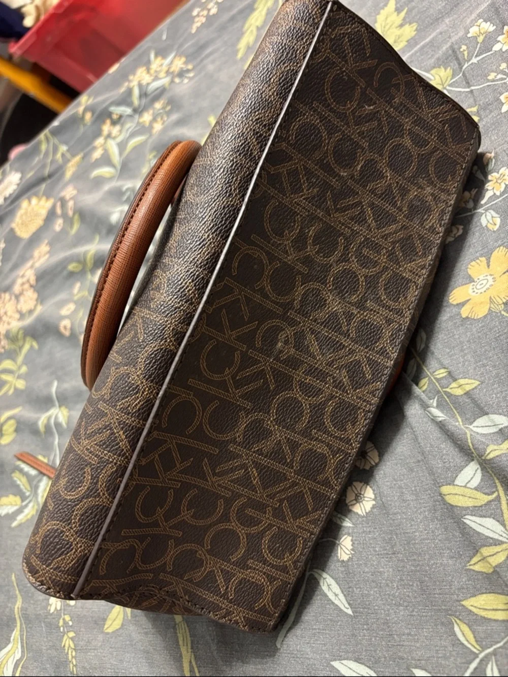 Calvin Klein Brown Monogram Zipper Handbag with Tan Handles and Gold Hardware